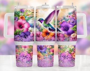 Design de copo Quencher Hummingbird de 40 onças, envoltório PNG digital floral de sublimação, design de download digital de 40 onças, envoltório Quencher Hummingbird de 40 onças