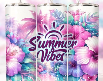 Summer Vibes Tumbler Wrap 20oz Skinny Sublimation Tumbler Design, Summer Tumbler Wrap, Tropical Hibiscus Tumbler Png, Digital Download