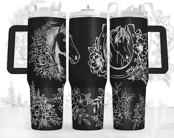 Horse & Flowers Tumbler Wrap Laser SVG, Horse Lover, Engraved Tumbler, 40oz Tumbler Full Wrap Laser SVG, Laser Engraved SVG, Seamless Design