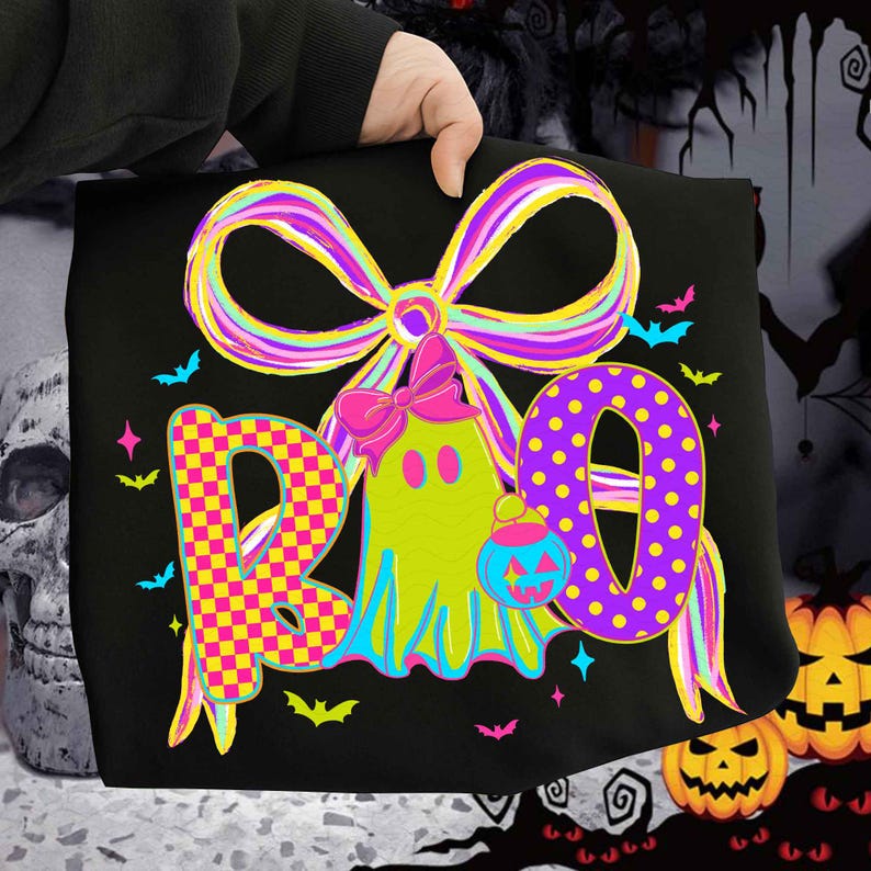 Halloween-spöke-rosett png, preppy Halloween-png, neon Halloween-png, Halloween-png, Halloween-boo-png, neon preppy spöke, läskig säsong-png bild 3