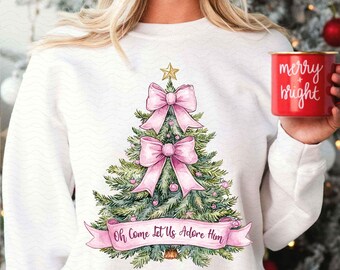 Oh Come Let Us Adore Him Png, Jesus Christmas PNG, Coquette Christmas Tree Png, Hand Drawn, Christian Christmas Png, Sublimation Download
