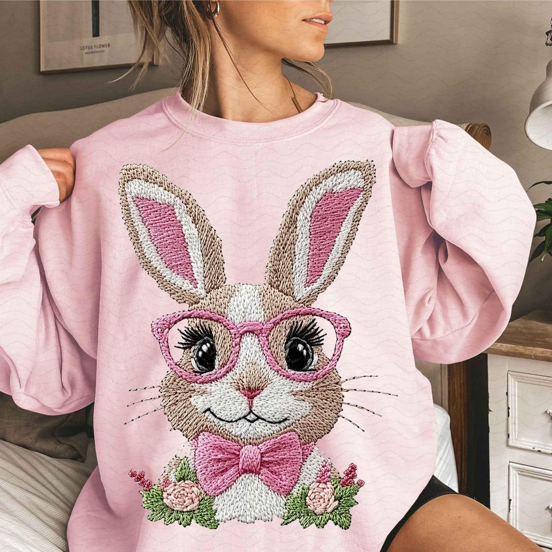 Retro Easter Bunny Floral Embroidery PNG, Vintage Happy Easter Girly ...