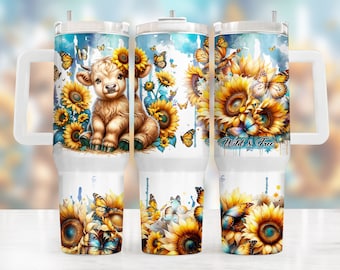 Envoltório de 40 onças de vaca das montanhas do bebê girassol, modelos de design de sublimação, download digital de 40 onças png. Download de clipart, copo de 40 onças com alça