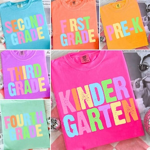 Preppy Back to School Floral Bundle PNG, First Day of School Designs, Kindergarten to Third Grade, Retro Teacher Shirt Neon Sublimation