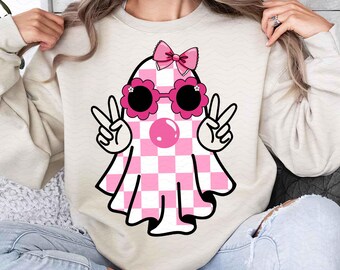 Süßer Girly Geist blasen PNG Süßer Geist Herbst Shirt Sublimation Design Digital Retro Herbst PNG Retro halloween Karierter Geist bogen png