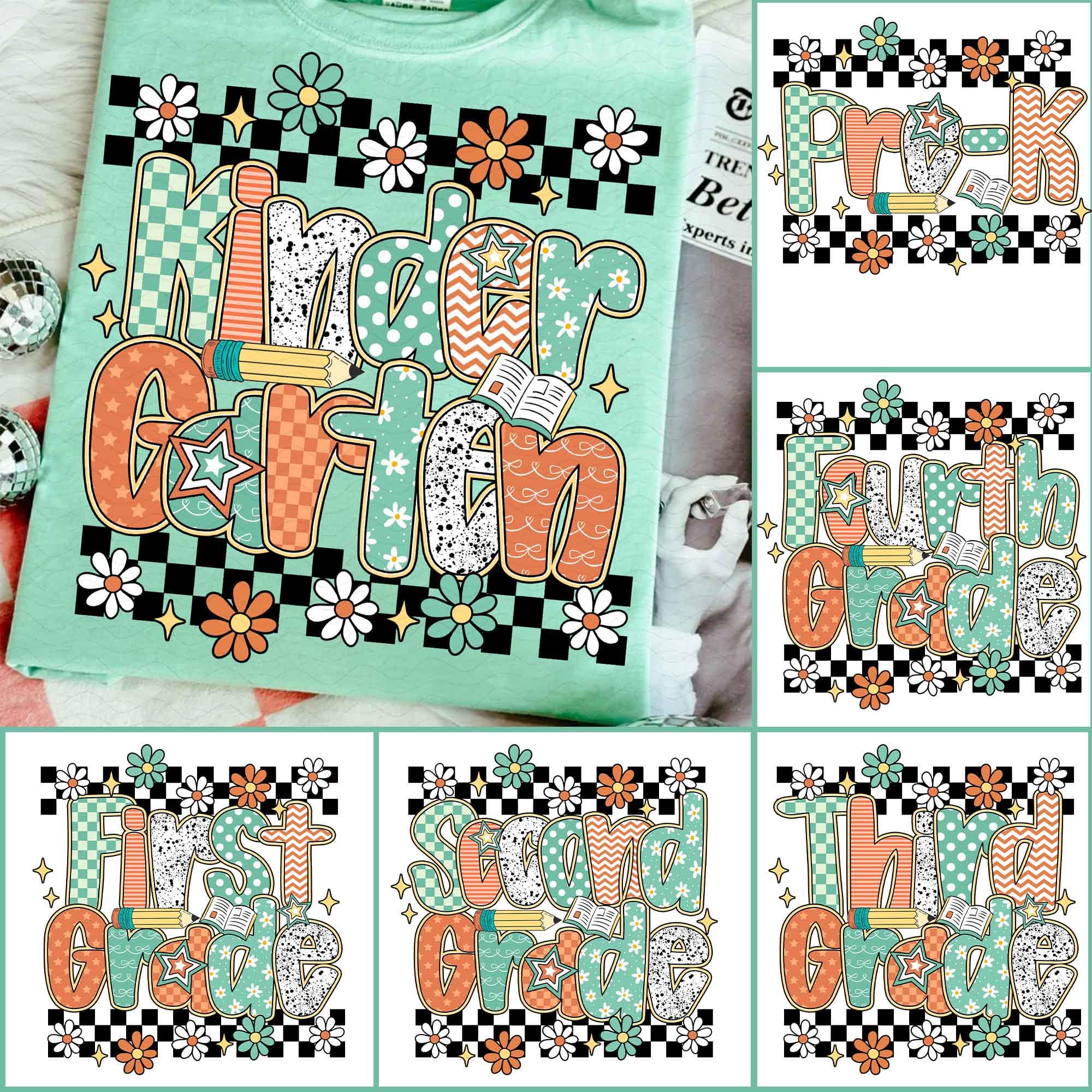 Back to School Bundle Png, Floral Teacher First Day of School Shirt Design, Girly Checkered Sublimation, Pre-K Kindergarten 1st Grade Png