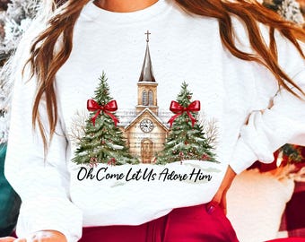 Oh Come Let Us Adore Him Png, Jesus Christmas PNG, Coquette Christmas Tree Png, Hand Drawn, Christian Christmas Png, Watercolor Christmas