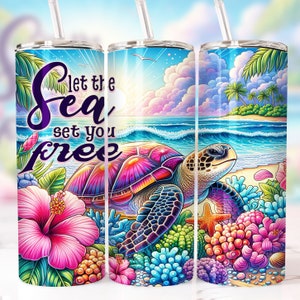 Envoltura de vaso de tortuga marina, Vaso de verano delgado de 20 oz, Diseño de sublimación PNG, Envoltura de vaso de verano sin costuras de tortuga marina de hibisco Descargar