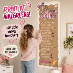 May include: A vertical wall banner featuring a tan cork-style background with a scalloped white border. The text reads Olivia's Senior Checklist with a list of milestones including Last First Day, Senior Sunrise, and Graduation, accented by pink graphics.