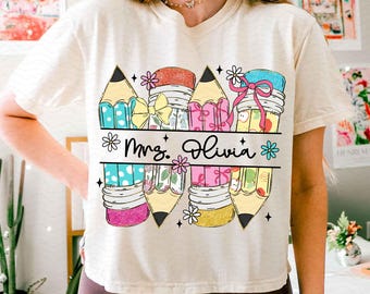 Teacher Pencil Bow PNG, Coquette Back to School Png, Custom Teacher Pencil Shirt Design, Girly Teacher Name PNG, Cute Teacher Sublimation