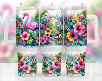 Involucro per bicchiere estivo rosa da 40 once, download del design di sublimazione da 40 once, Flamingo tumbler da 40 once Png, sublimazione del design del bicchiere floreale estivo da 40 once