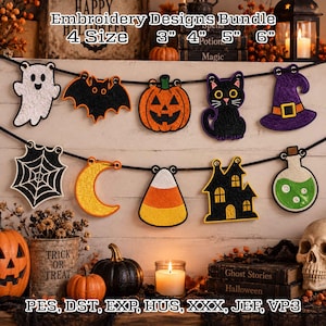 May include: An embroidery designs bundle featuring Halloween-themed patches including a ghost, bat, pumpkin, cat, witch hat, spider web, moon, candy corn, haunted house, and potion bottle. Text reads Embroidery Designs Bundle 4 Size 3" 4" 5" 6" PES DST EXP HUS XXX JEF VP3.