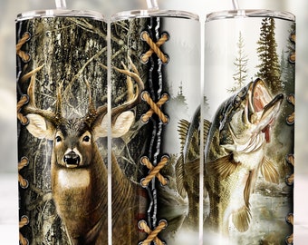 Fishing And Deer Camo Seamless Tumbler Wrap 20oz Skinny Tumbler Sublimation, Hunting Season Straight/Tapered Tumbler PNG Digital Download