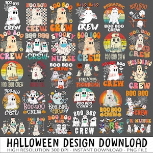 Könnte beinhalten: Ein Set mit 20 digitalen Halloween-Designs mit niedlichen Geisterillustrationen und verschiedenen Textüberlagerungen. Die Geister tragen Krankenschwesterhüte und Masken, einige halten medizinische Utensilien. Der Text enthält Sätze wie "Boo Boo Crew", "Spooky Nurse" und "Peds Boo Boo Crew".