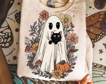 Fantôme d'Halloween mignon et chat Png, Halloween Png, Halloween drôle Png, chat noir Png, Halloween floral effrayant rétro Png