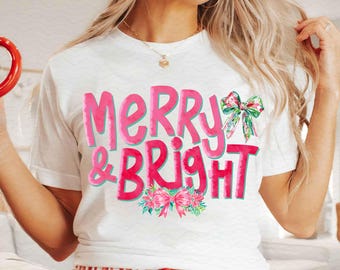 Merry & Bright PNG, Rosa Weihnachten PNG, Glitzer-Weihnachten, WeihnachtenDigital Design, Shirt Design, svg, Kokette, Nussknacker, Pink, Preppy