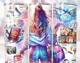 Reisen Mädchen Sublimation Becher PNG Sommer Reise Vacay Tumbler Wrap 20 Oz Gerade Skinny Tumbler Digitaler Download Cool Girl Traveler