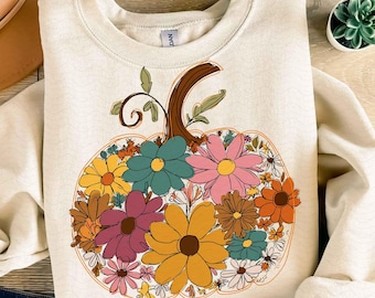Kwiatowa dynia Png, Boho Jesienna koszulka z dyni, Sublimacja retro jesiennych kwiatów, Preppy Jesienne pociągnięcia pędzlem Png, Sezon dyni Png