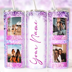 Envoltura de vaso personalizada PNG Agregue su nombre y 4 fotos Sublimación sin costuras Diseño de vaso de 20 oz Descarga digital instantánea recta/cónica