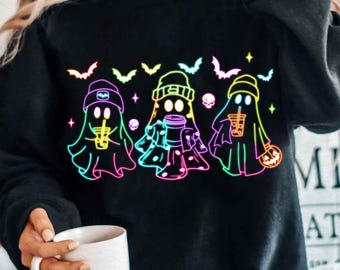 Cute Colorful Neon Boo Ghost Png, Halloween Boo Bow Png, Neon Halloween PNG, Boo Ghost Coffee Png, Cute Boo Halloween Sublimation Design