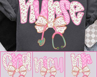Preppy Nurse Blue Floral Bow PNG Bundle, Boho CNA Nicu RN Sublimation Design, Girly Coquette Bow Trendy Nurse Life Shirt Clipart
