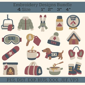 Puede incluir: Un paquete de diseños de bordado con 16 iconos de temática invernal que incluyen un telesilla, una chaqueta acolchada, esquís, un termo, una insignia de Alpine Club, gafas de esquí, una llave, un gorro, una cabaña, una tabla de snowboard y un perro salchicha.