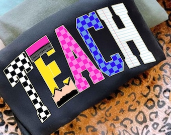 Neon Checkered TEACH PNG, Teacher Back to School PNG Neon Disstressed, Coquette 1st 2nd 3rd Grade Teacher Png, Hand Drawn,Colorful
