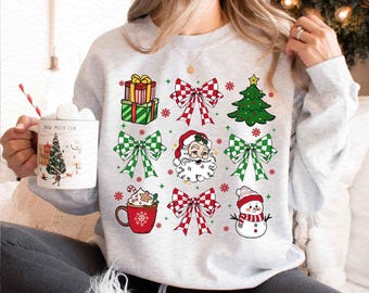 Coquette Christmas png, Christmas sublimation, Retro Holidays png, Hot Cocoa, Candy Cane, Santa Coquette Bow Checkered, Girly Christmas Png