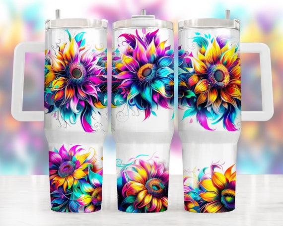 40 Oz Tumbler Wrap Neon Sunflowers Digital Download, 40oz Quencher Designs, Sunflowers, 40Oz Png Digital, Clip Art Download, 40Oz Tumbler