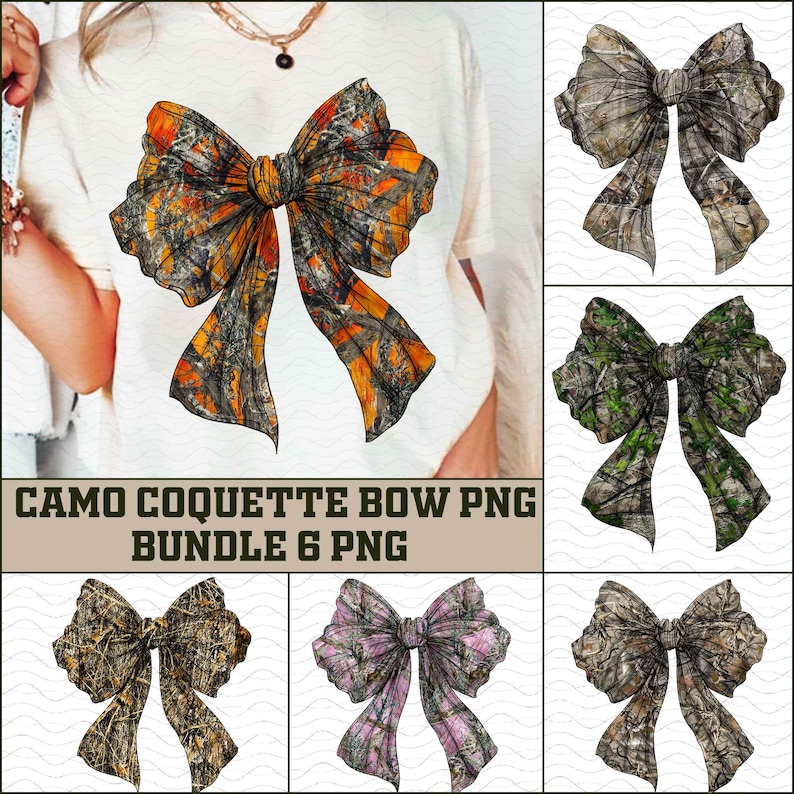 May include: A digital image featuring a large bow with a camouflage pattern in shades of orange, brown, and black. The bow is the focal point, with a bundle of six PNG bows in different camo designs. Text at the bottom reads "CAMO COQUETTE BOW PNG BUNDLE 6 PNG."