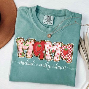 Preppy Mama Strawberry Glitter Png, Cute Strawberry Floral Mama with kids names Png, Everyday Png, Custom Preppy Mama, Checkered Sublimation