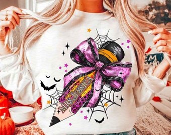 Design personalizzato con nome dell'insegnante dell'arco a matita di Halloween, Png dell'insegnante dell'arco della coquette, design della camicia dell'insegnante di Halloween, sublimazione dell'insegnante Halloween Png