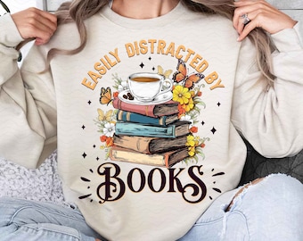 Facilmente distraído por livros Png, livro amante camisa Png, Bookish png, livro flores silvestres Png, livro flores, sublimação, livro floral png