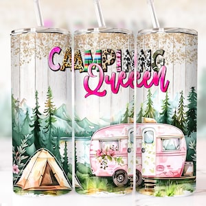 Camping Queen Tumbler Wrap, Camping Queen 20oz Skinny Tumbler Design, Camping Sublimation Design, Pink Camper Tumbler Png Downloads