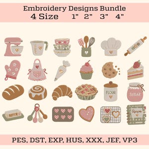 May include: Embroidery Designs Bundle 4 Size 1" 2" 3" 4". A collection of twenty baking-themed embroidery designs including a stand mixer, measuring cup, bowls, utensils, chef hat, rolling pin, oven mitt, apron, piping bag, cupcake, cookie, cake, bread, cinnamon roll, croissant, pie, flour jar, sugar jar, butter, measuring spoons, heart tray, heart cookie, cooling rack, and recipe book. PES, DST, EXP, HUS, XXX, JEF, VP3.