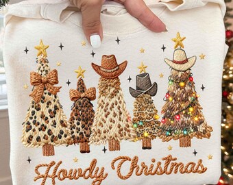 Leopard Howdy Christmas Trees Latch Hook Yarn Crochet Png, Faux Yarn Png, Western Christmas Cowhide Png, Santa Png, Realistic Yarn Holiday