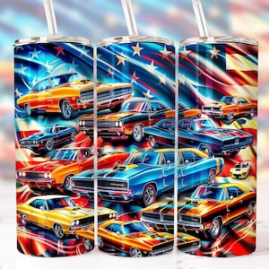Muscle Cars Patriotic 20 oz Straight Tumbler Sublimation Design Digital Download PNG, Skinny Tumbler Design Digital, Cars Tumbler Wrap