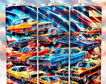 Muscle Cars Patriotic 20 oz Straight Tumbler Sublimation Design Digital Download PNG, Skinny Tumbler Design Digital, Cars Tumbler Wrap