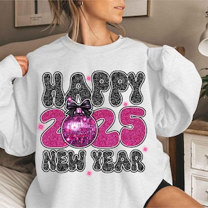 Happy New Year 2025 Png, Trendy New Years Eve Png, Black And Gold Sequins Glitter Faux Sparkly New Year Shirt Design Png, Hello 2025 Png