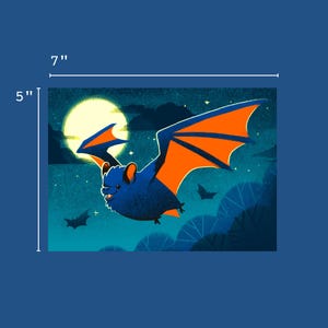 Bat Illustrated Print 7"x5" | Halloween Spooky Cute Animals Flying Bat Wildlife Illustration Hand Drawn
