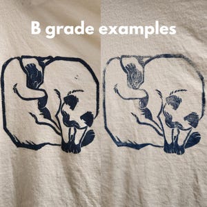 May include: Two examples of a dark blue print of a cat curled up on a light beige t-shirt. The text "B grade examples" is printed above the images.