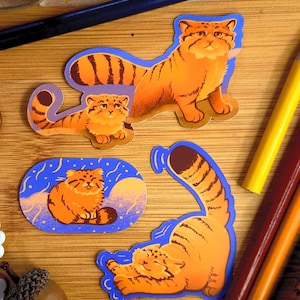 Pallas Cat Manul Cute Wild Cat Waterproof Vinyl Stickers | Fluffy wild snowy mountain cute zoo wildlife pallas&#39;s cat illustration