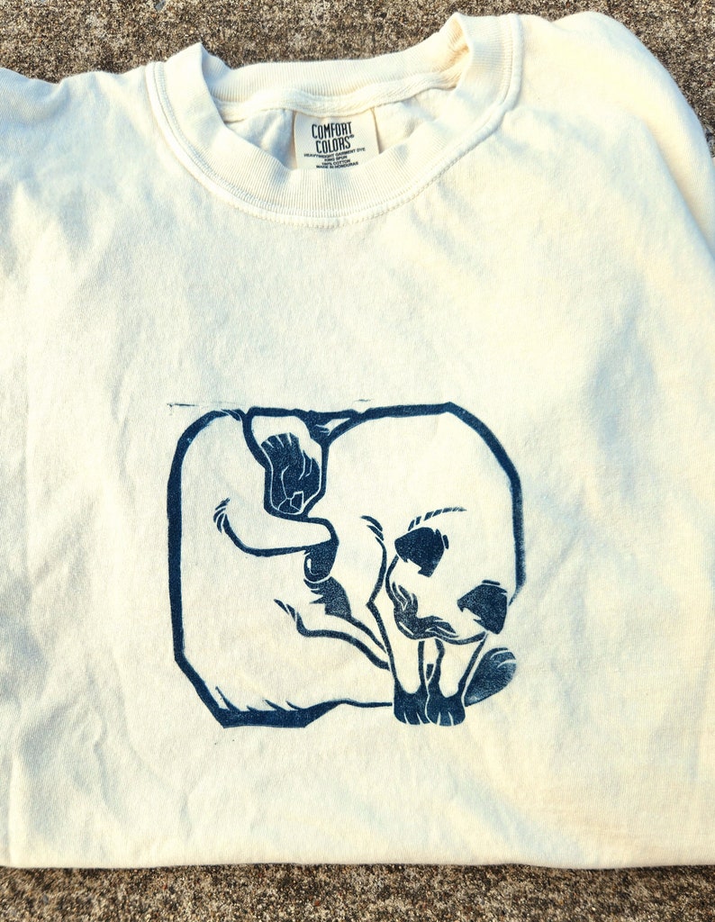 May include: A white t-shirt with a blue screen printed image of two cats cuddling. The t-shirt has a tag that says "Comfort Colors".