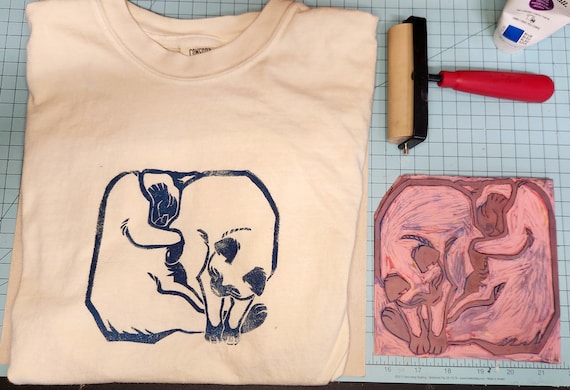 Handprinted Blockprint Siamese Cat T-shirt | Linocut stamp kitten shirt handmade
