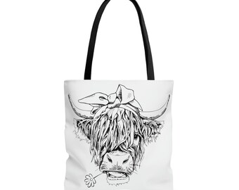Floral Highland Cow Tote Bag, Farmhouse Style