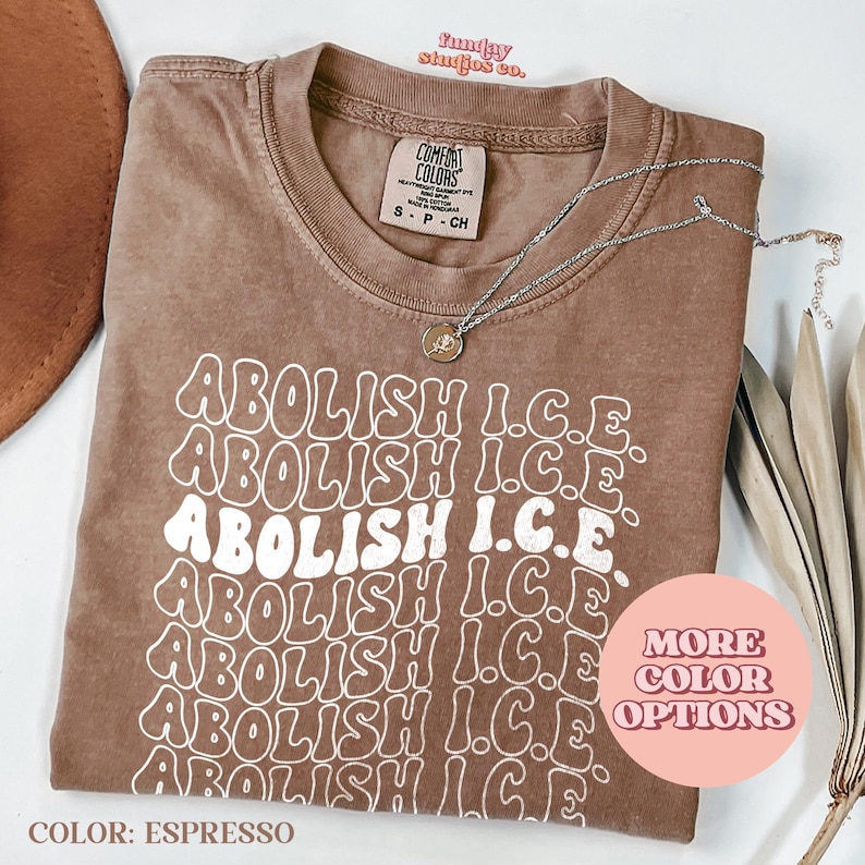 May include: Espresso-colored t-shirt with the text "ABOLISH I.C.E." in a retro font. The shirt has a crew neck and short sleeves. A silver necklace with a pendant is draped across the shirt. The words "MORE COLOR OPTIONS" are in a pink circle.