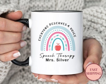 Taza de terapia del habla personalizada • Taza con nombre personalizado para logopeda • Taza de patología del habla y lenguaje • Taza arcoíris Regalo SLP (Discurso MU-10)