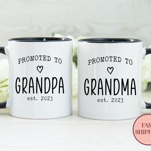 Promoted to Grand &  Grandpa Est 2023 Mug Set • Personalized Grandparents Mug • Pregnancy Reveal Mugs • Custom Grandparent Mug Set (MU-43)