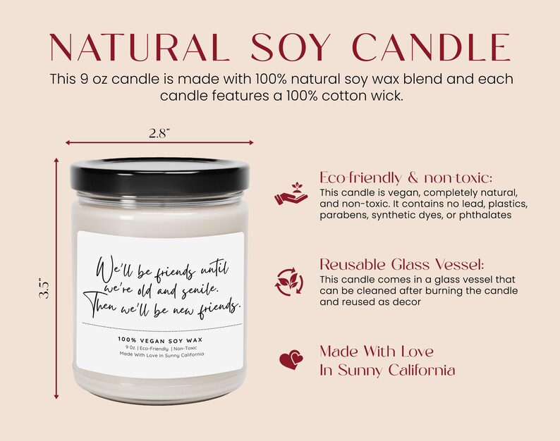 The image is a candle labeled as a natural soy candle. It features a glass jar with a black lid, and the candle is made with 100% natural soy wax. The candle is eco-friendly and non-toxic, and it is reusable after burning. The candle is made in Sunny, California.