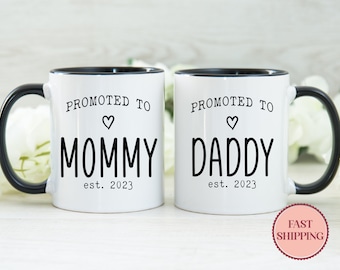 Promoted to Mommy Daddy Est 2023 Mug Set • Personalized Mugs • Pregnancy Reveal Mugs • Mom & Dad Gift Ideas • Custom Couple Mugs (MU-42)